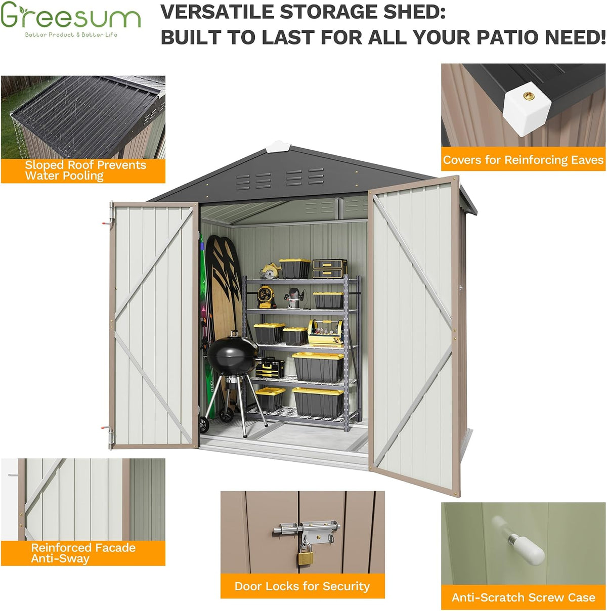 greesum 6x4ft outdoor storage shed with base, brown, side view