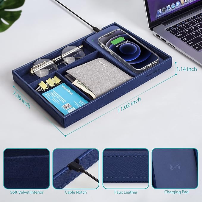 Valet Tray, Built in Wireless Charging Pad, Nightstand Organizer, Bedside