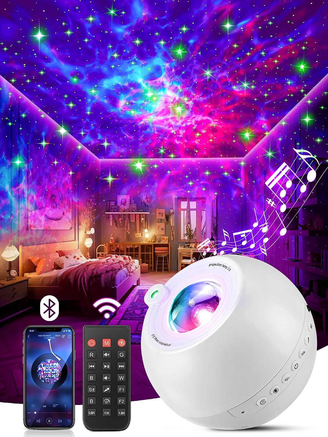 One Fire Galaxy Projector 360 Modes+15 White Noise+Bluetooth Star Projector
