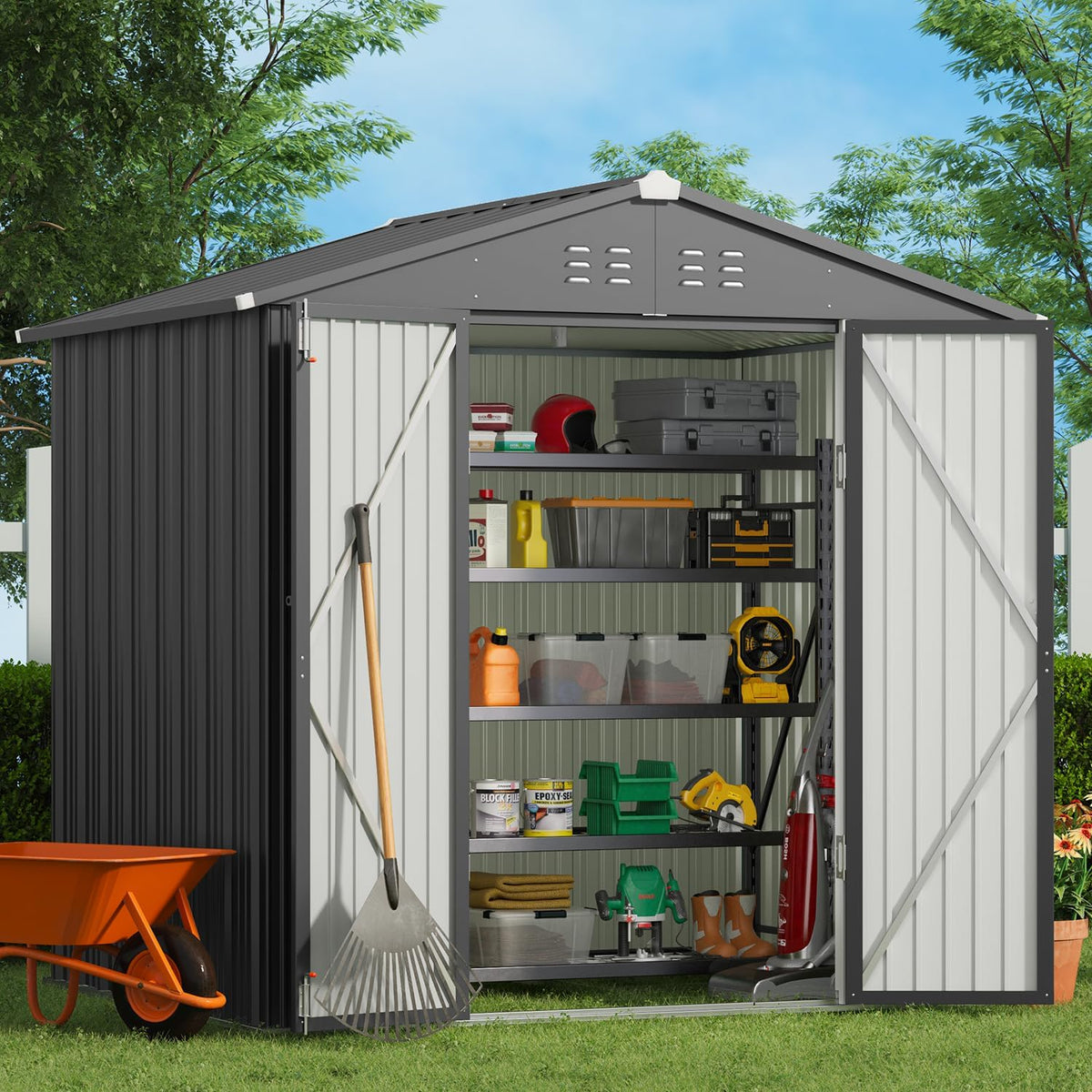 Gizoon 8x6 FT Outdoor Storage Shed, Corrosion Metal Garden Shed, Dark Grey