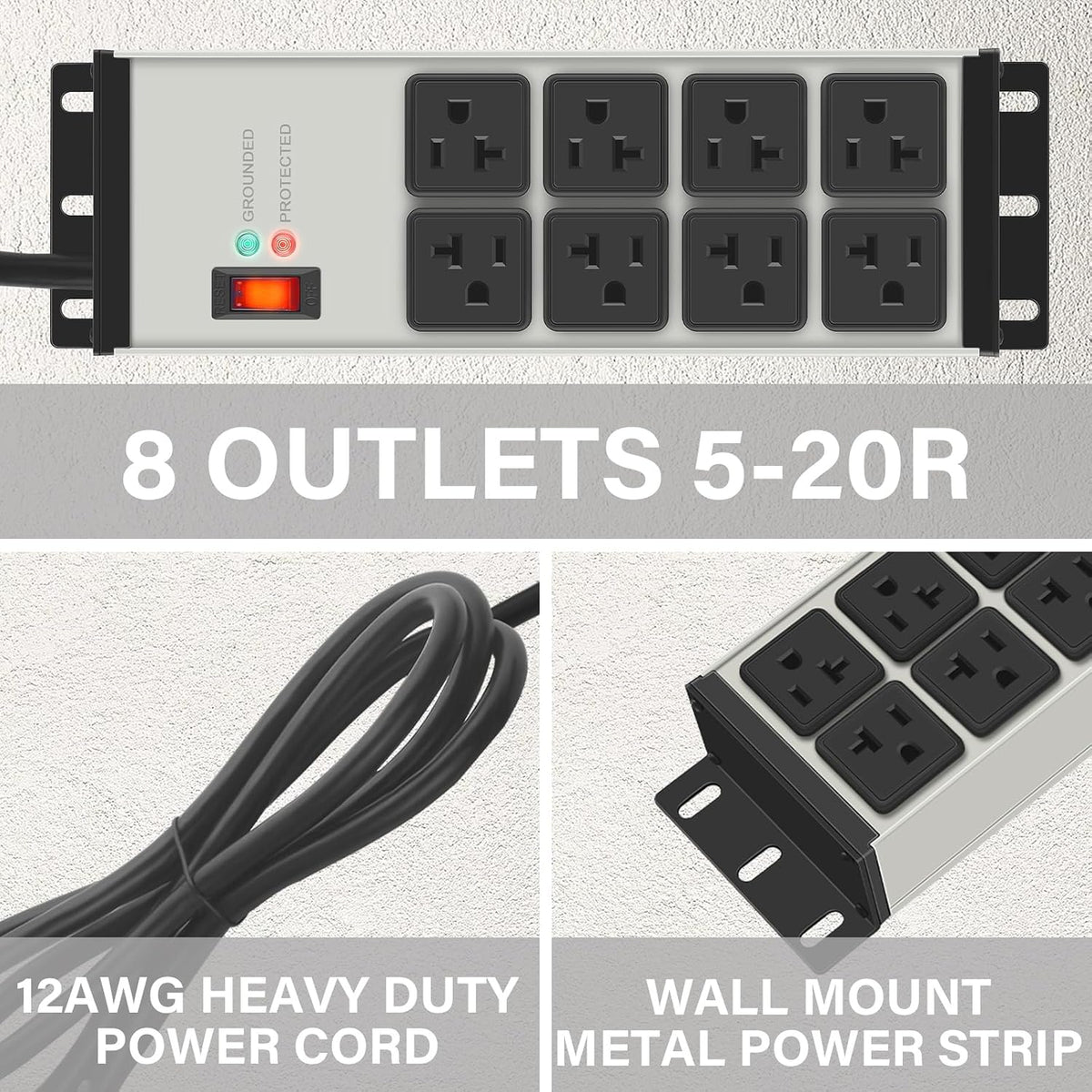 CCCEI 12 Gauge Heavy Duty Power Strip, 8 Ports, Grey, 4FT.