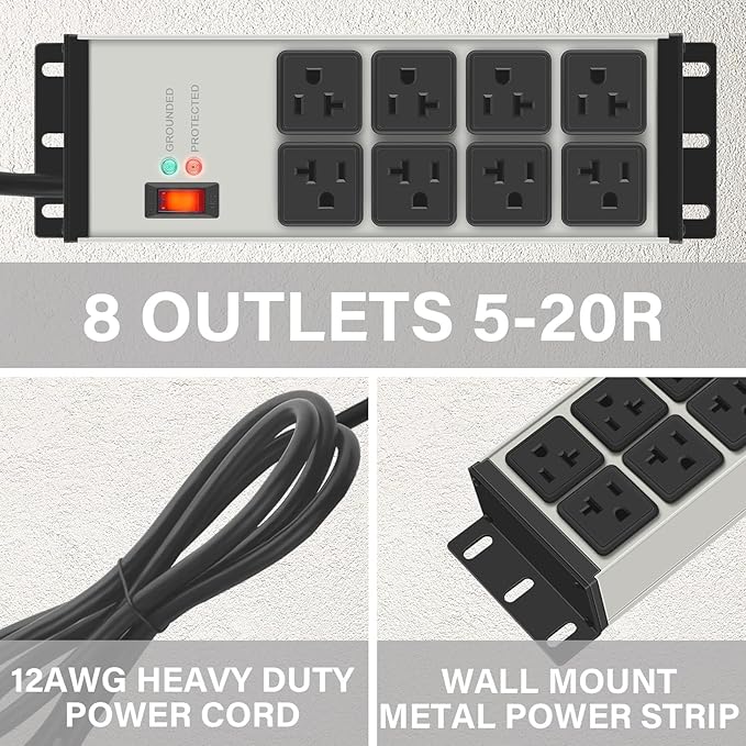 CCCEI 2PCS Heavy Duty Power Strip Surge Protector 20 AMP, 8 Outlets 12 Gauge