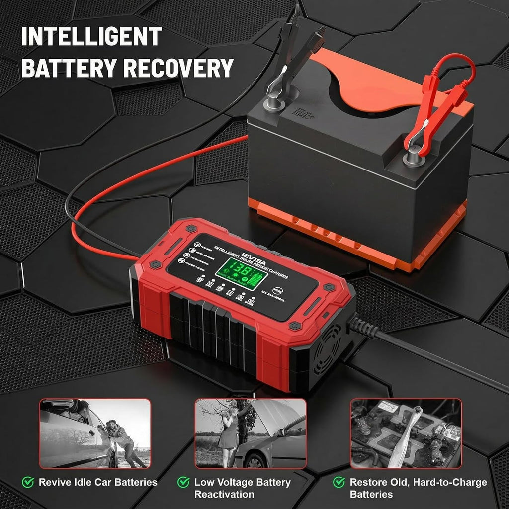 car battery charger 12v 15a smart trickle charger, front angle view