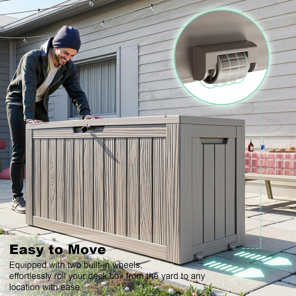 90 gallon outdoor storage box, resin deck boxes shown in use