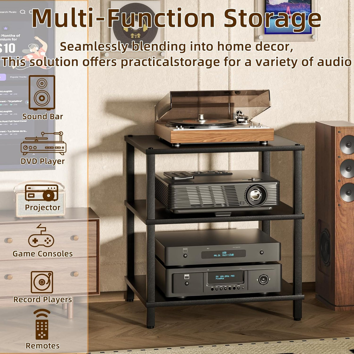 LELELINKY 3-Tier AV Media Player Stand, Stereo Cabinet, Modern Stereo Cabine,Game Console Shelf,Wooden TV Stand,Multifunctional Entertainment Center, Suitable for Home, Conference Room, Black