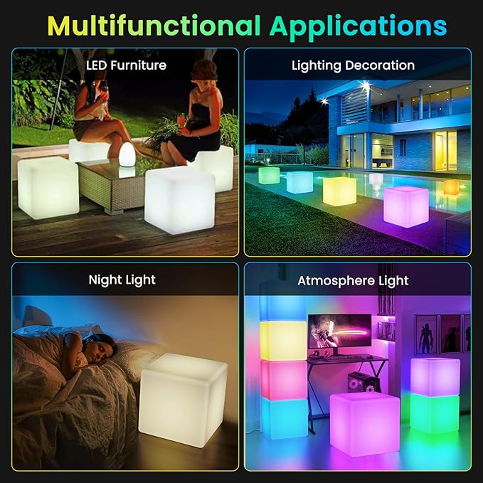 LOFTEK 20-inch LED Lighted Cube Table, Large Cube Chair Light, 16 RGB Colors