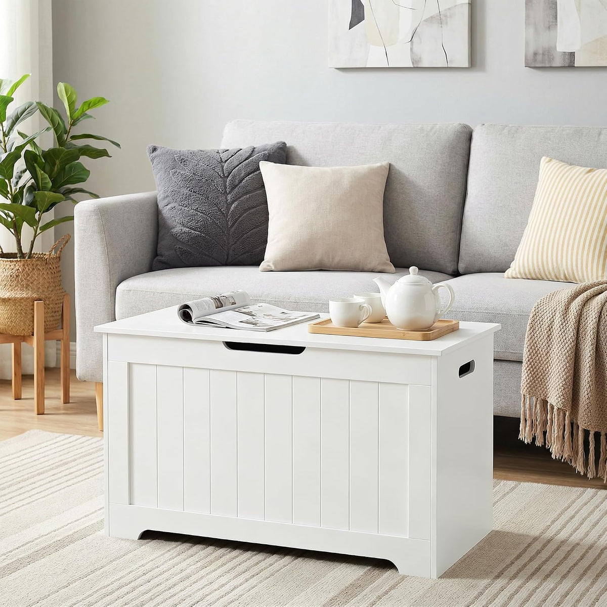 storage chest with flip-top lid, large wood trunk showing dimensions