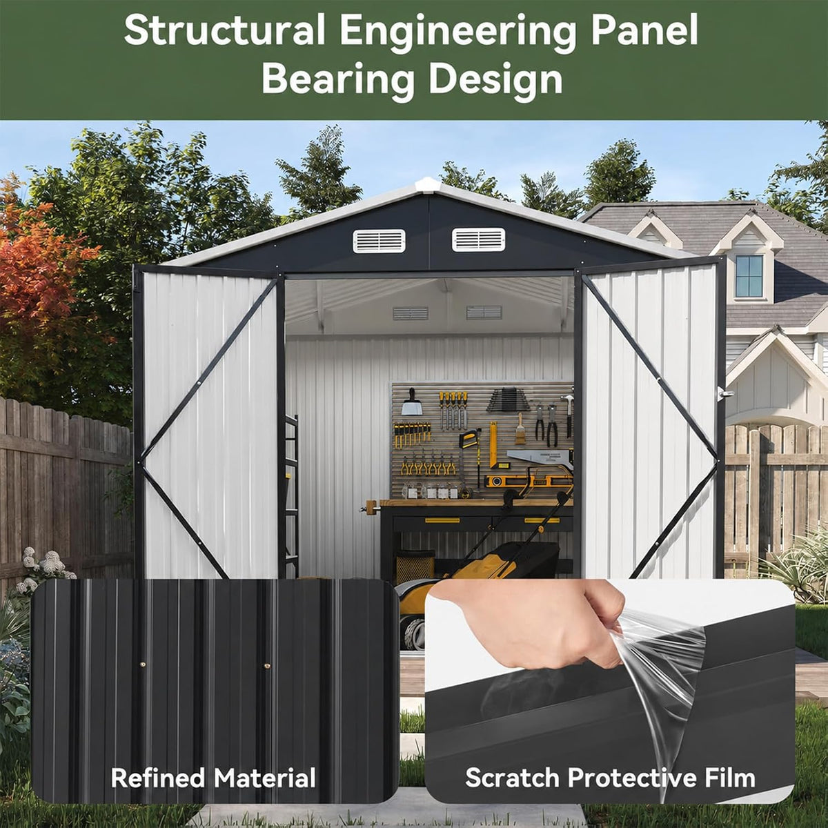 aoxun 8x6 ft shed outdoor storage shed, black showing dimensions