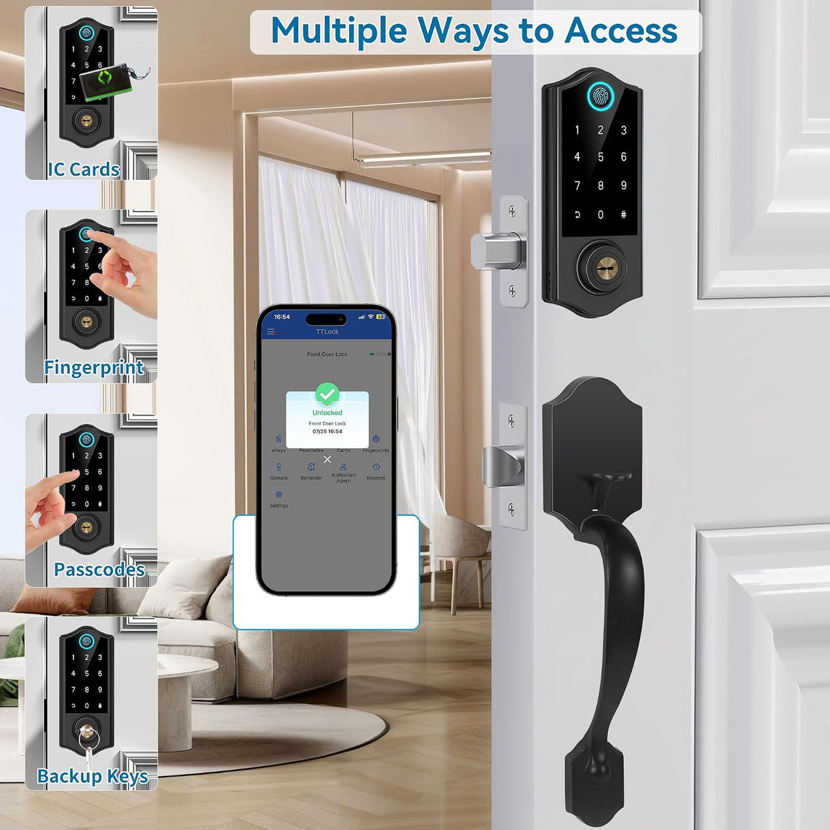 fingerprint smart door lock front door with handle, close-up detail