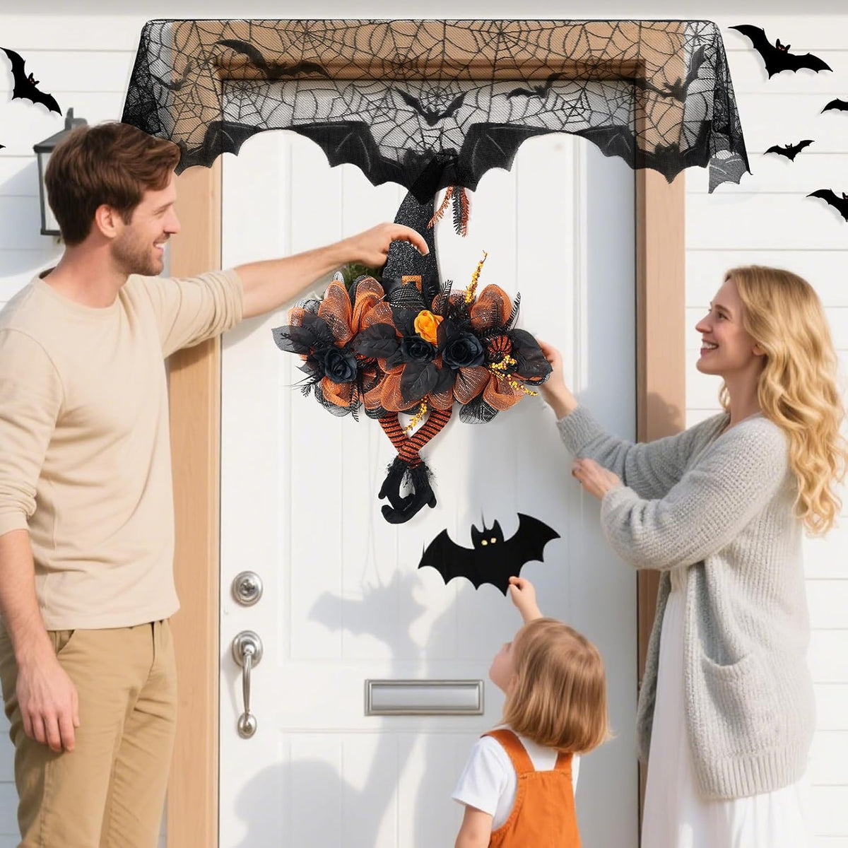 Halloween Wreath for Front Door, Witch Hat & Spiderweb Mantel Scarf Set