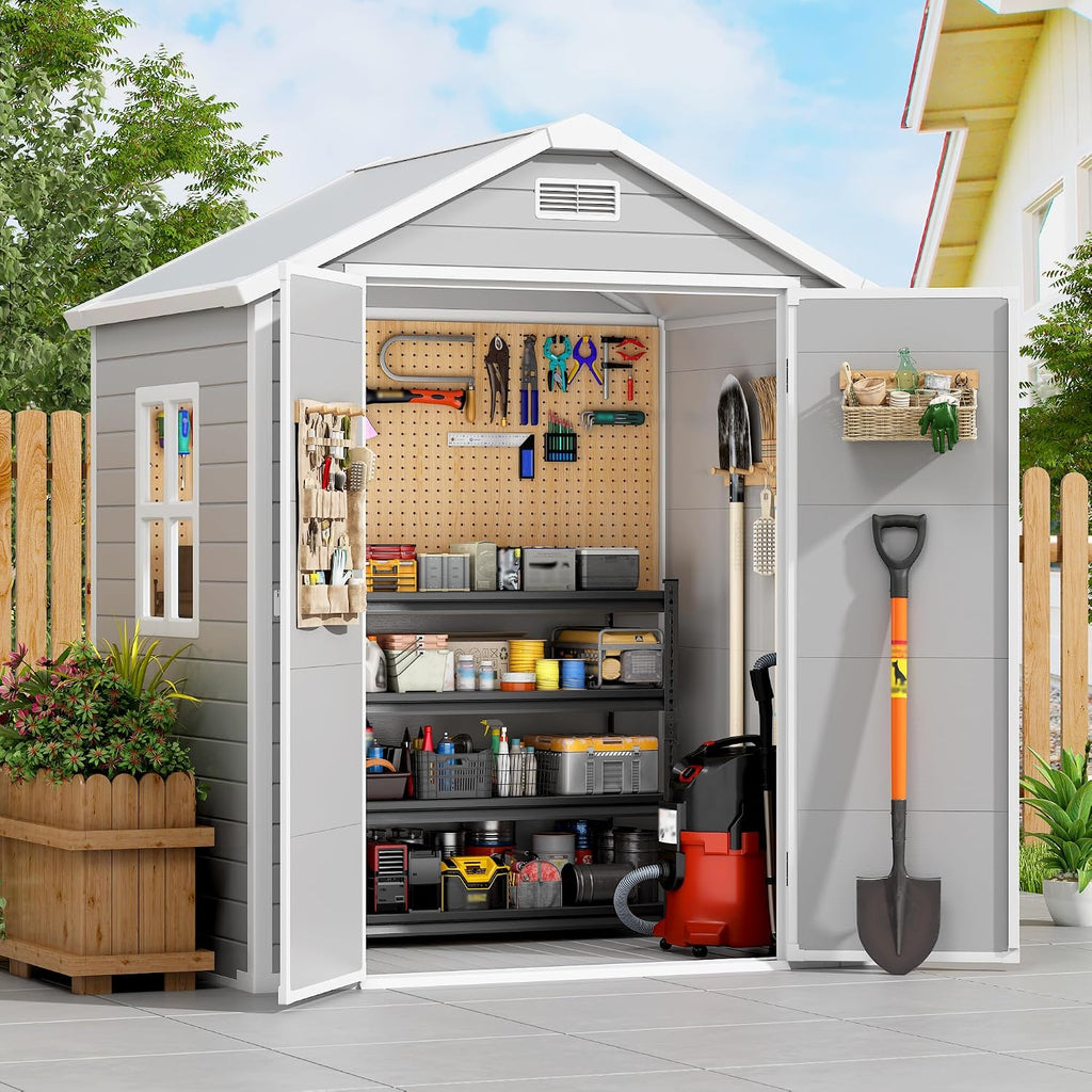 PIPLEO 6x4 FT Resin Outdoor Storage Shed with Floor, Plastic Garden Storage Shed with Lockable Door & Vent, All Weather Versatile Tool Shed for Backyard, Patio, Lawn, Cloud Gray