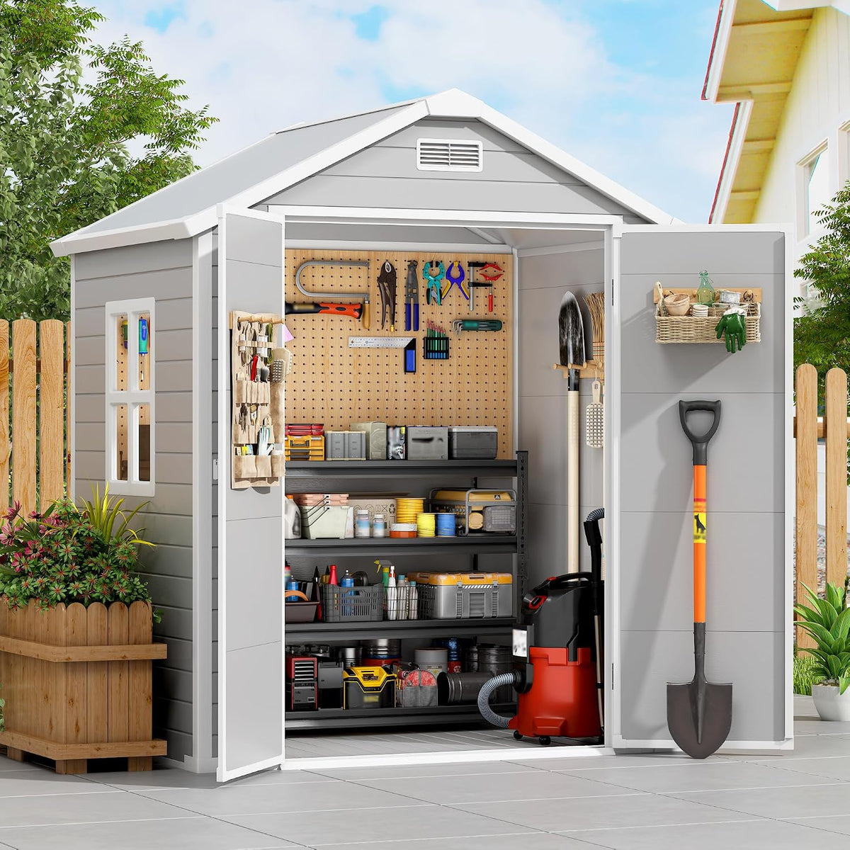 PIPLEO 6x4 FT Resin Outdoor Storage Shed with Floor, Plastic Garden Storage Shed with Lockable Door & Vent, All Weather Versatile Tool Shed for Backyard, Patio, Lawn, Cloud Gray