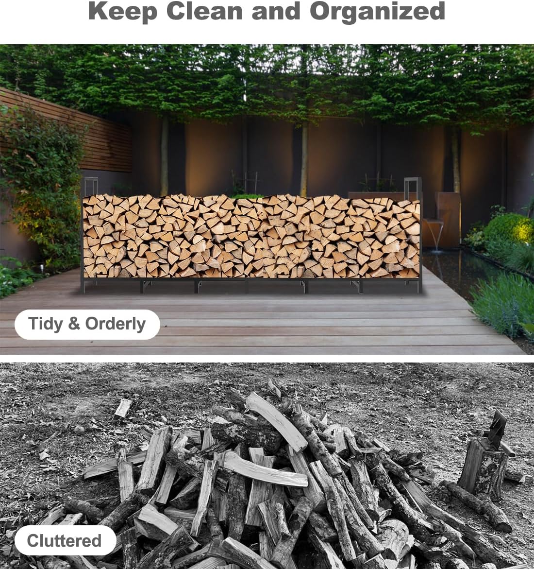 8ft outdoor firewood rack log holder for fire showing dimensions