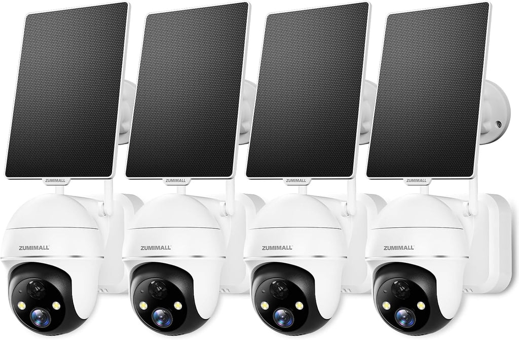 ZUMIMALL 2K Solar Security Cameras, 360° View Outdoor Camera Wireless Solar (4-Pack)