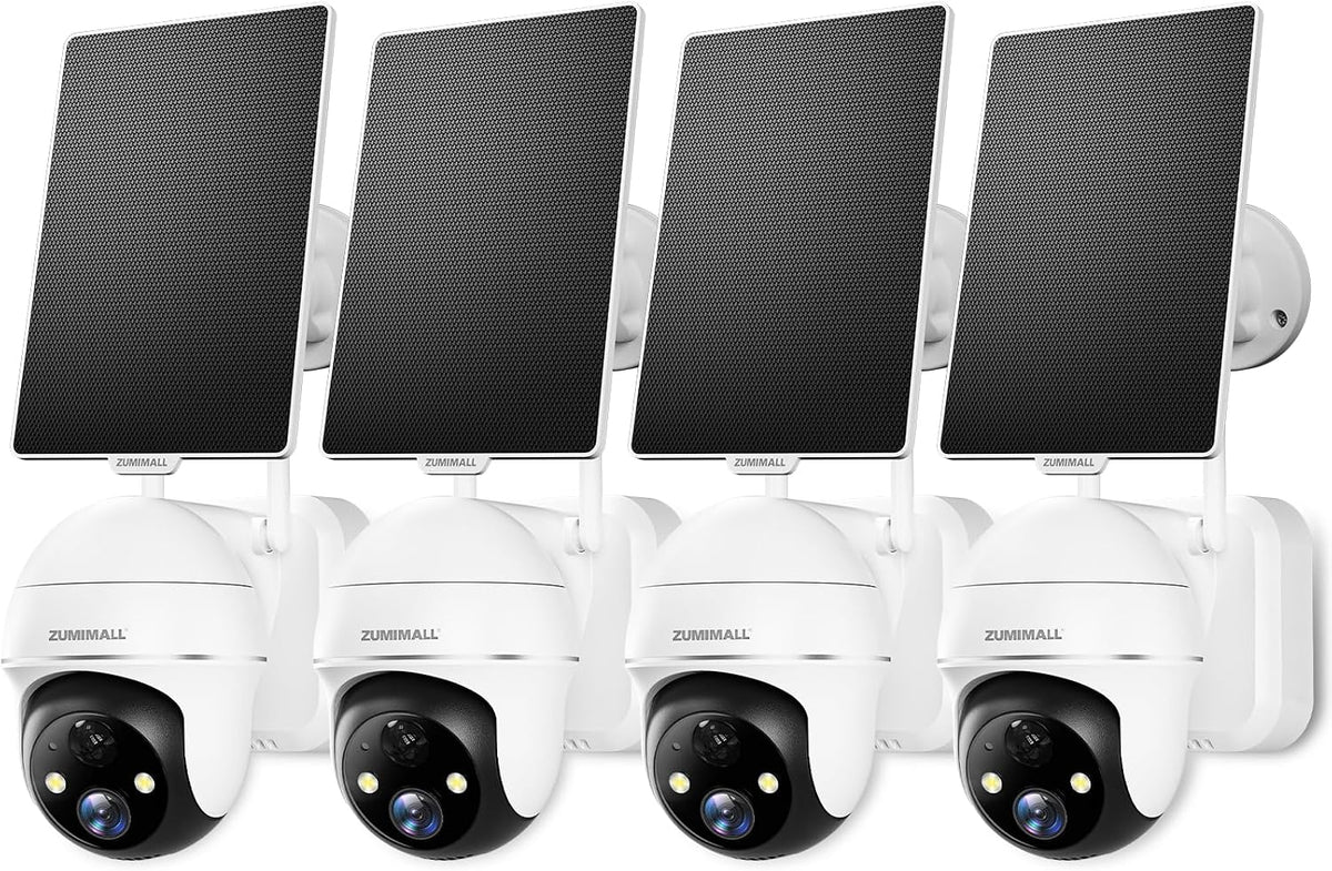 ZUMIMALL 2K Solar Security Cameras, 360° View Outdoor Camera Wireless Solar (4-Pack)