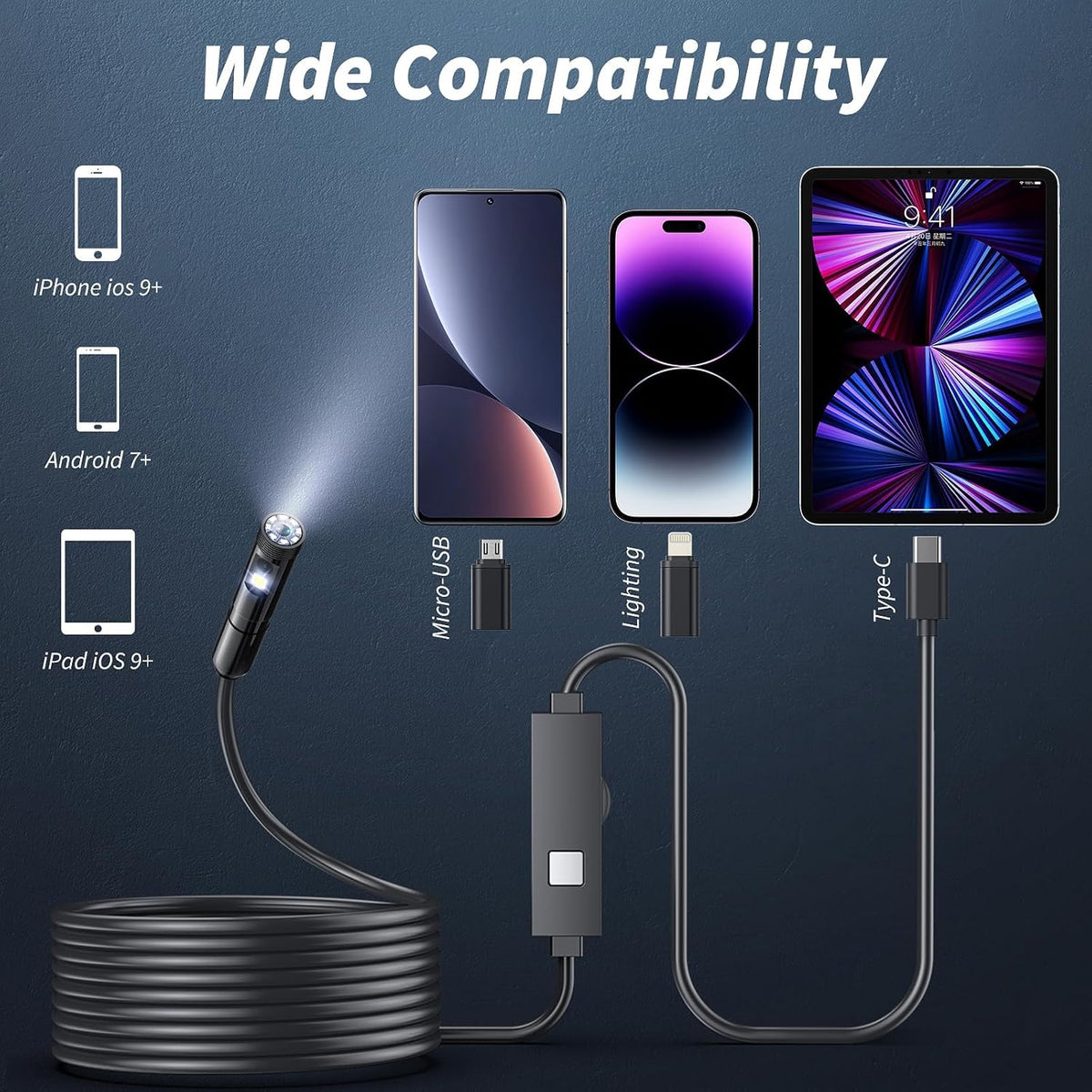 endoscope camera with light,1920p hd borescope tools with, package contents
