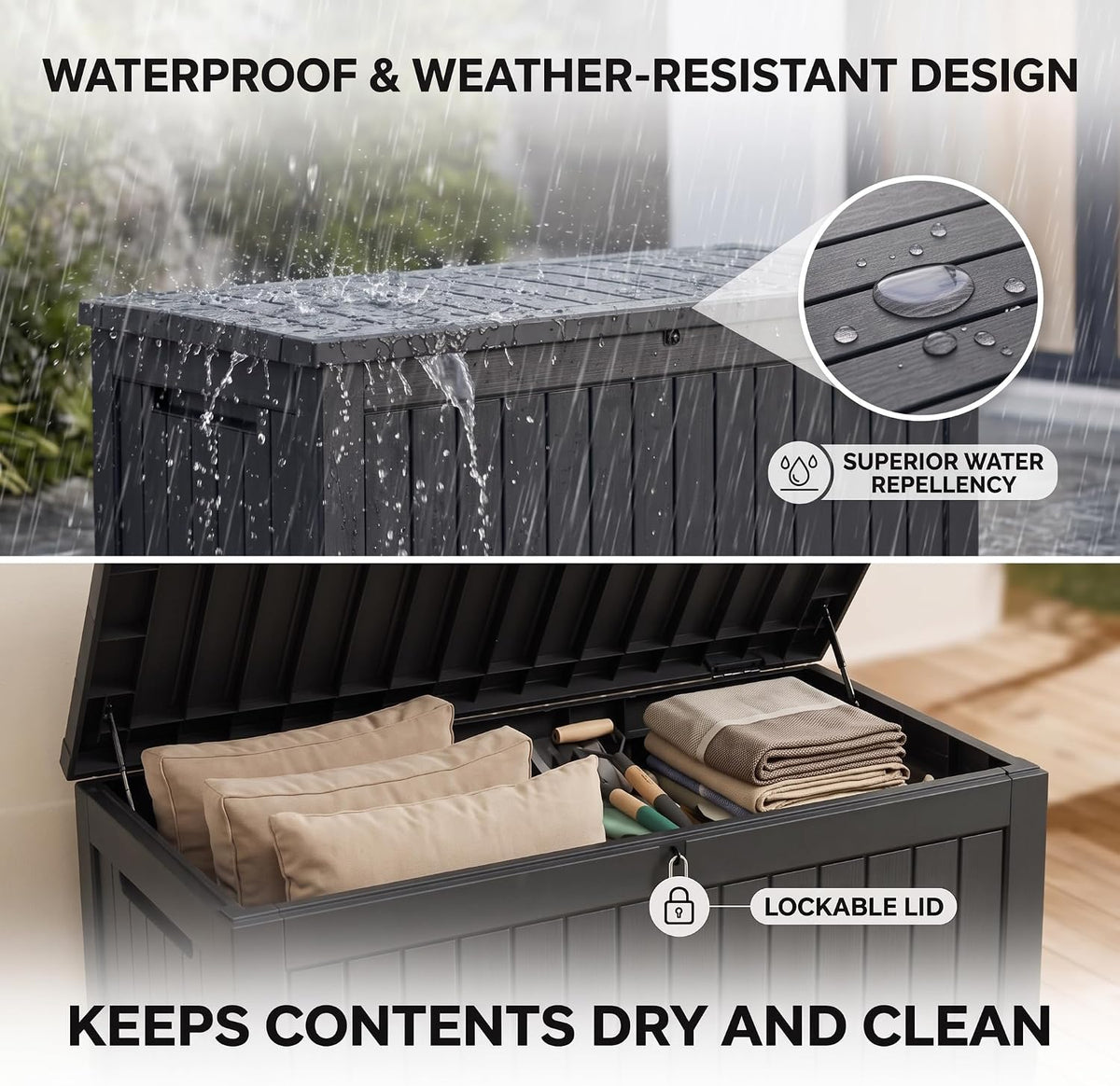 320 gallon extra-large outdoor storage box, waterproof lockable, close-up detail
