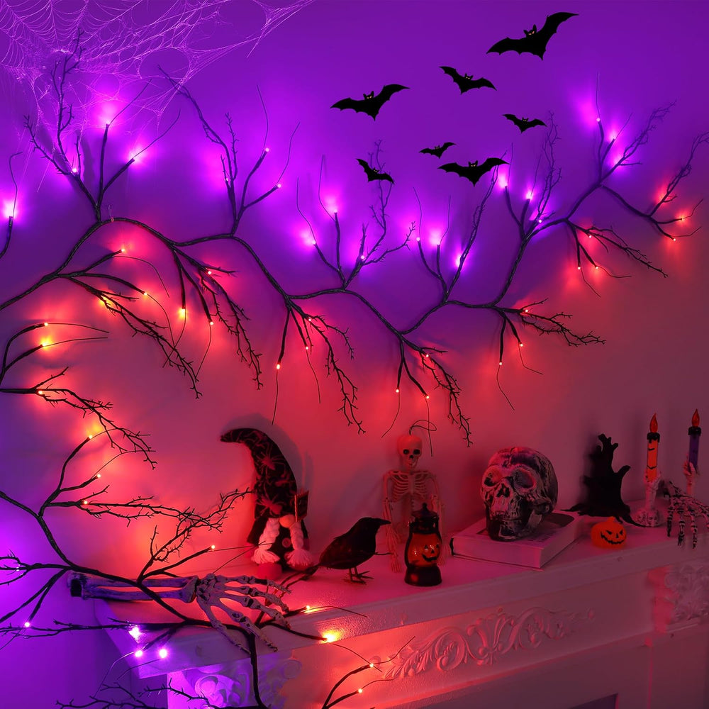 9 FT 72 LED Willow Vine Twig Decor Black Halloween Garland with Orange Purple...