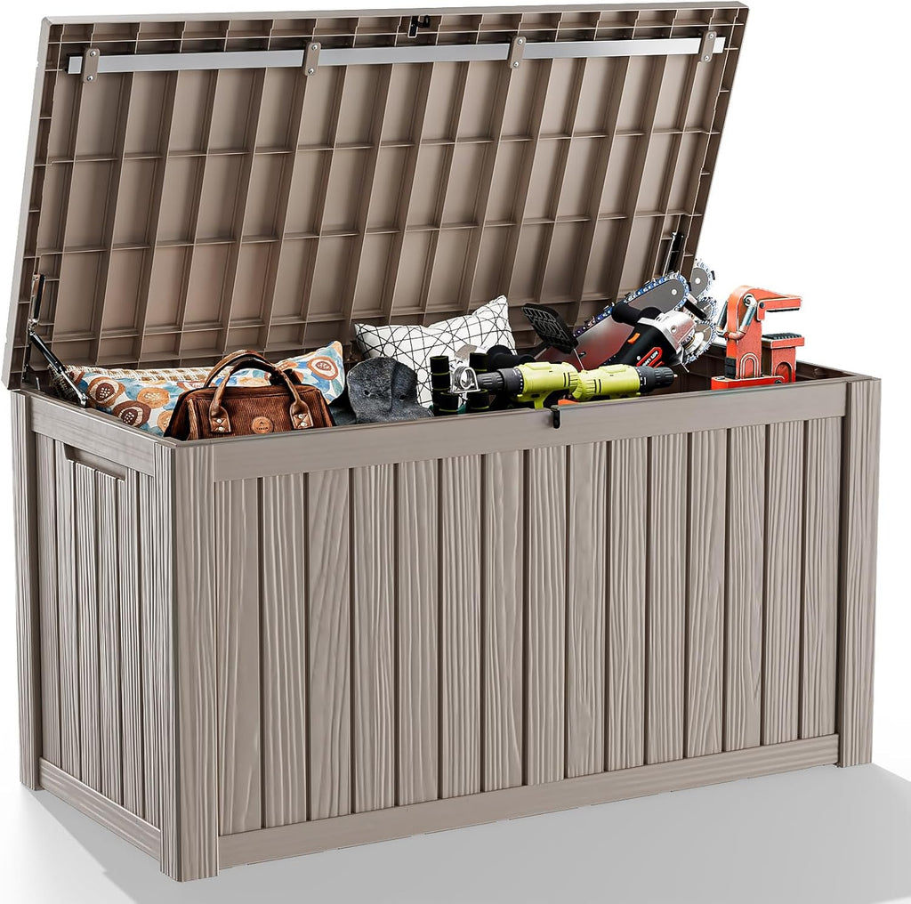 ROJIK Outdoor Storage Housing Deck Box - Waterproof Patio Furniture, Garden Tools, Cushions, Pool Accessories Storage Bench with Lockable Lid and Side Handles (Grey, 180 Gal)