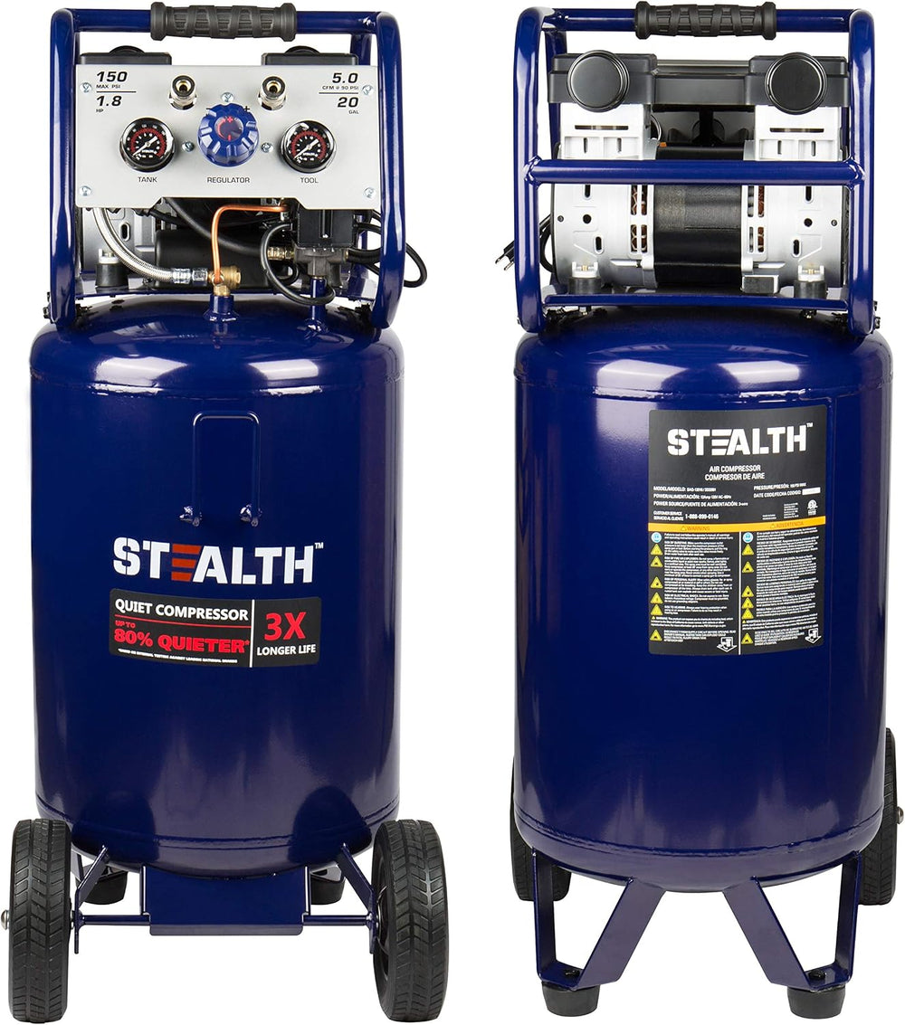 Stealth 20 Gallon Ultra Quiet Air Compressor,1.8 HP Oil-Free Peak 150 PSI 68 ...