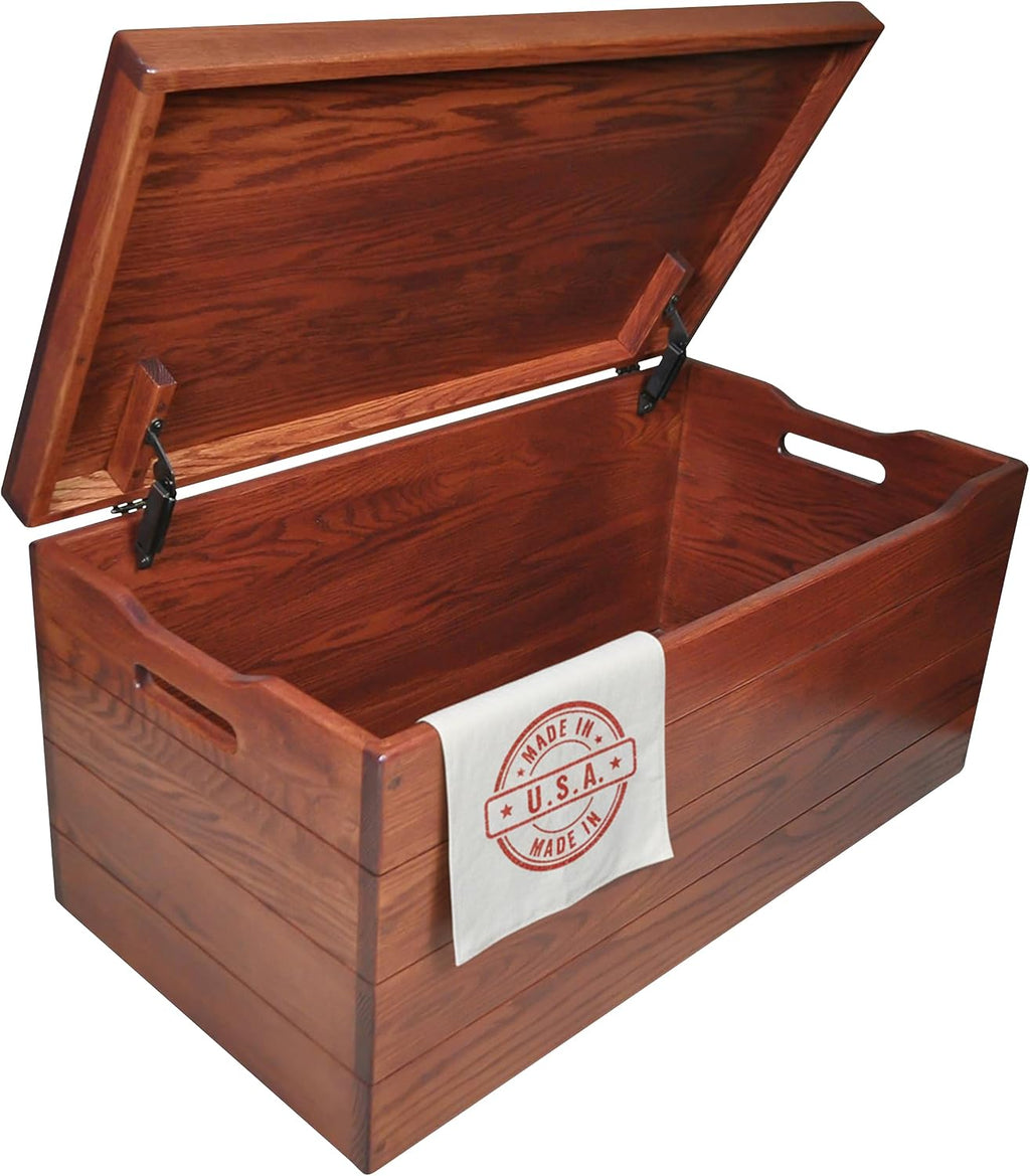 Amish Made Wooden Storage Chest Trunk Box with Lid and Handles for Bedroom, Blanket, Clothes, Anti-Slam Hinges, Handmade, Rustic, Oak Wood, Cherry Stain, 42"