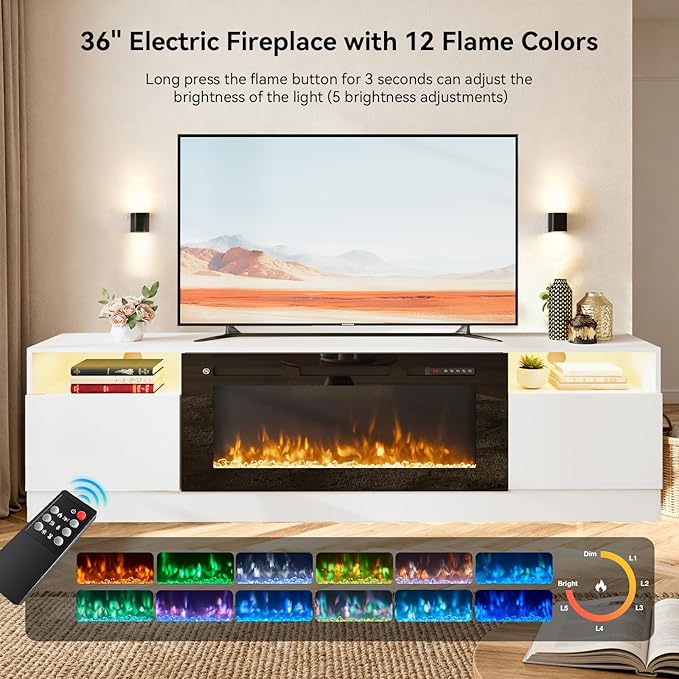 YISUFO 80” TV Stand with 36” Electric Fireplace, Large Modern Media