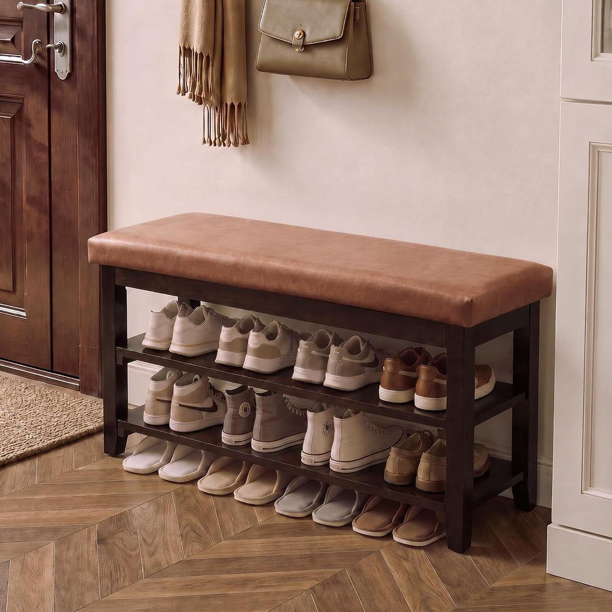 40"Wooden Shoe Rack with Seat, Entryway Bench with Shoe Storage Light Brown