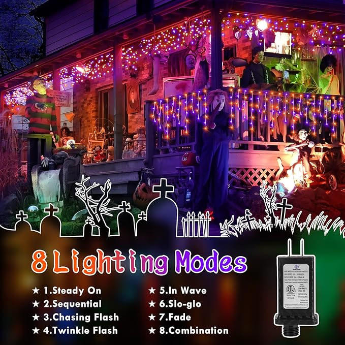 KNONEW 99FT 1216 LED Halloween Lights Decortation Orange Purple String Lights Outdoor with 228 Drops, 8 Lighting Modes, Timer Memory Function Hanging Curtain Lights for Halloween Party Decor