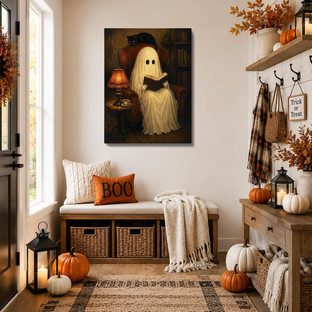 Halloween Canvas Wall Art, Reading Ghost with Black Cat Halloween Pictures