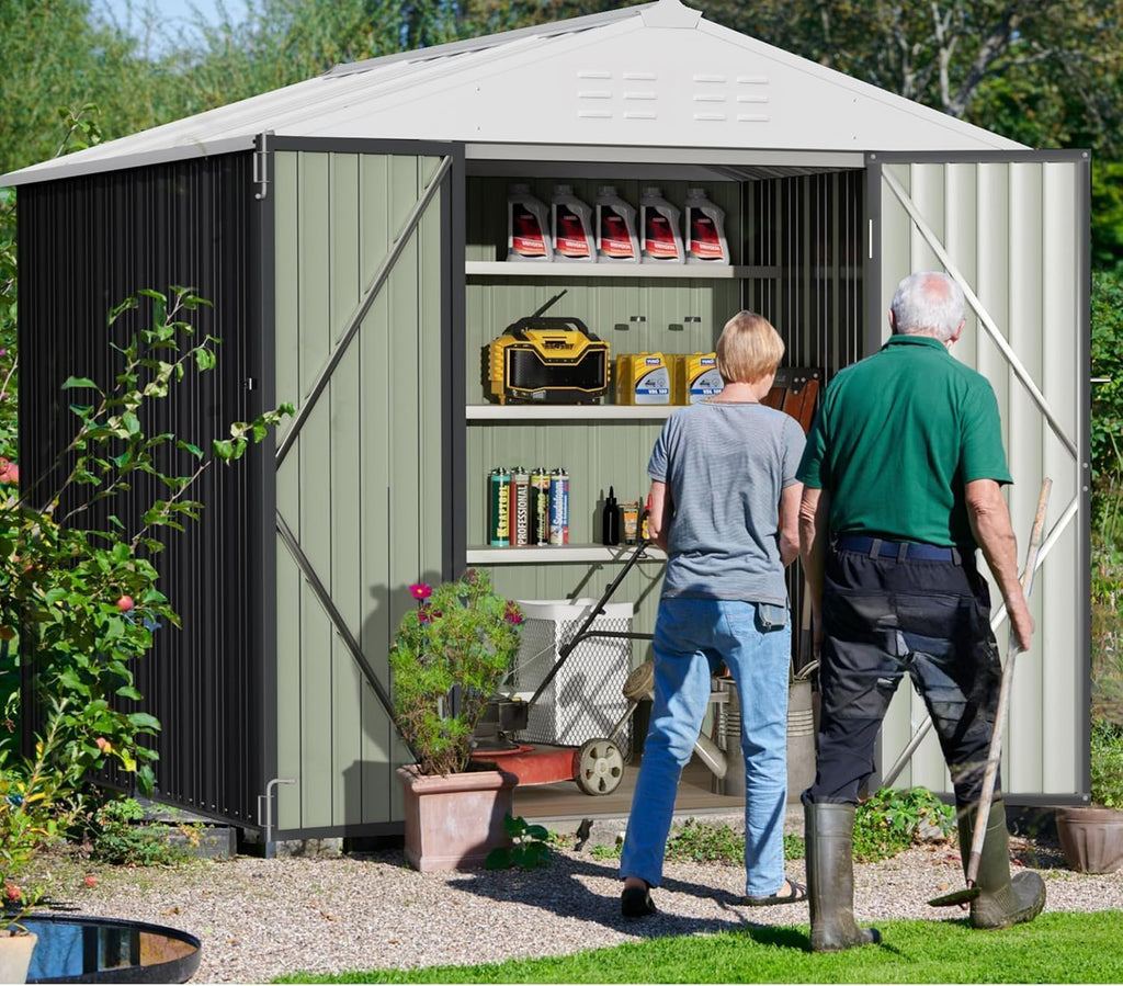 greesum 8x6ft outdoor storage shed, gray on a desk or shelf