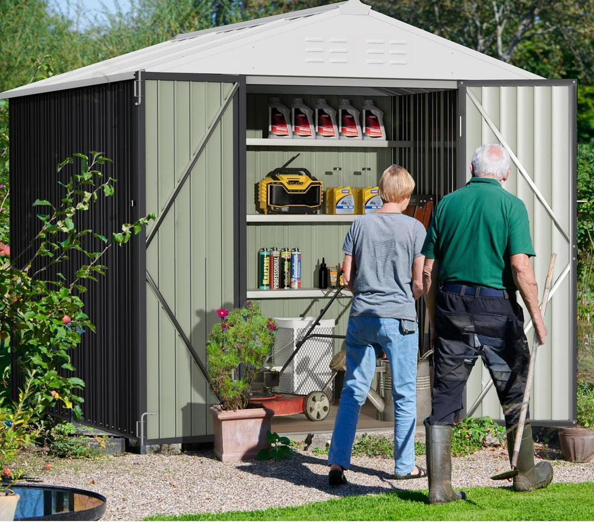 greesum 8x6ft outdoor storage shed, gray on a desk or shelf