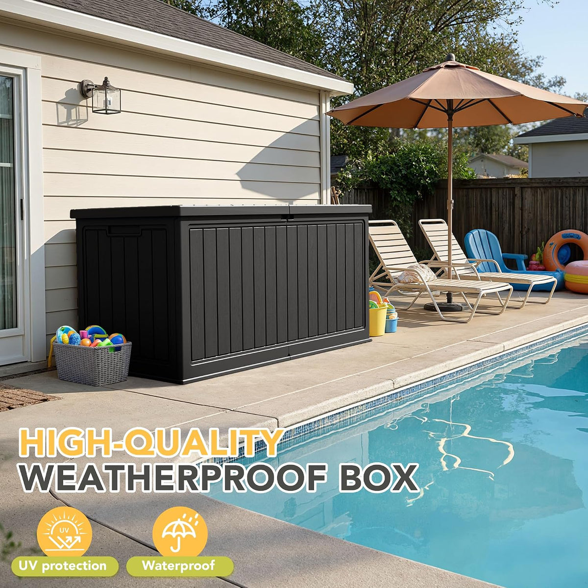 270 gallon hdpe deck box outdoor indoor waterproof showing dimensions