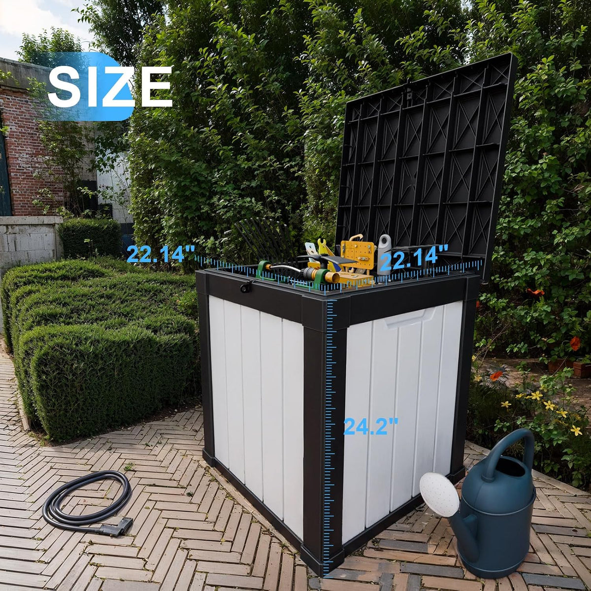 patiozen 51 gallon resin deck box, lockable patio shown in use
