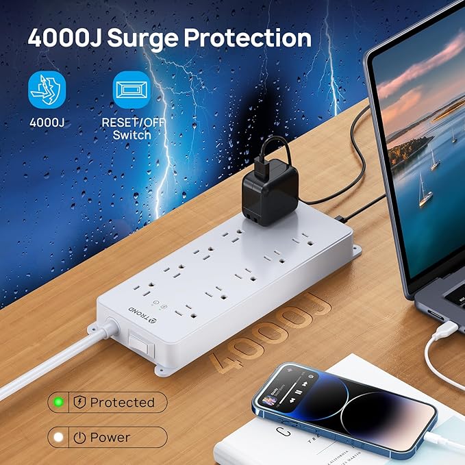 TROND Surge Protector Power Strip, Flat Plug 15ft Long Extension Cord, 10