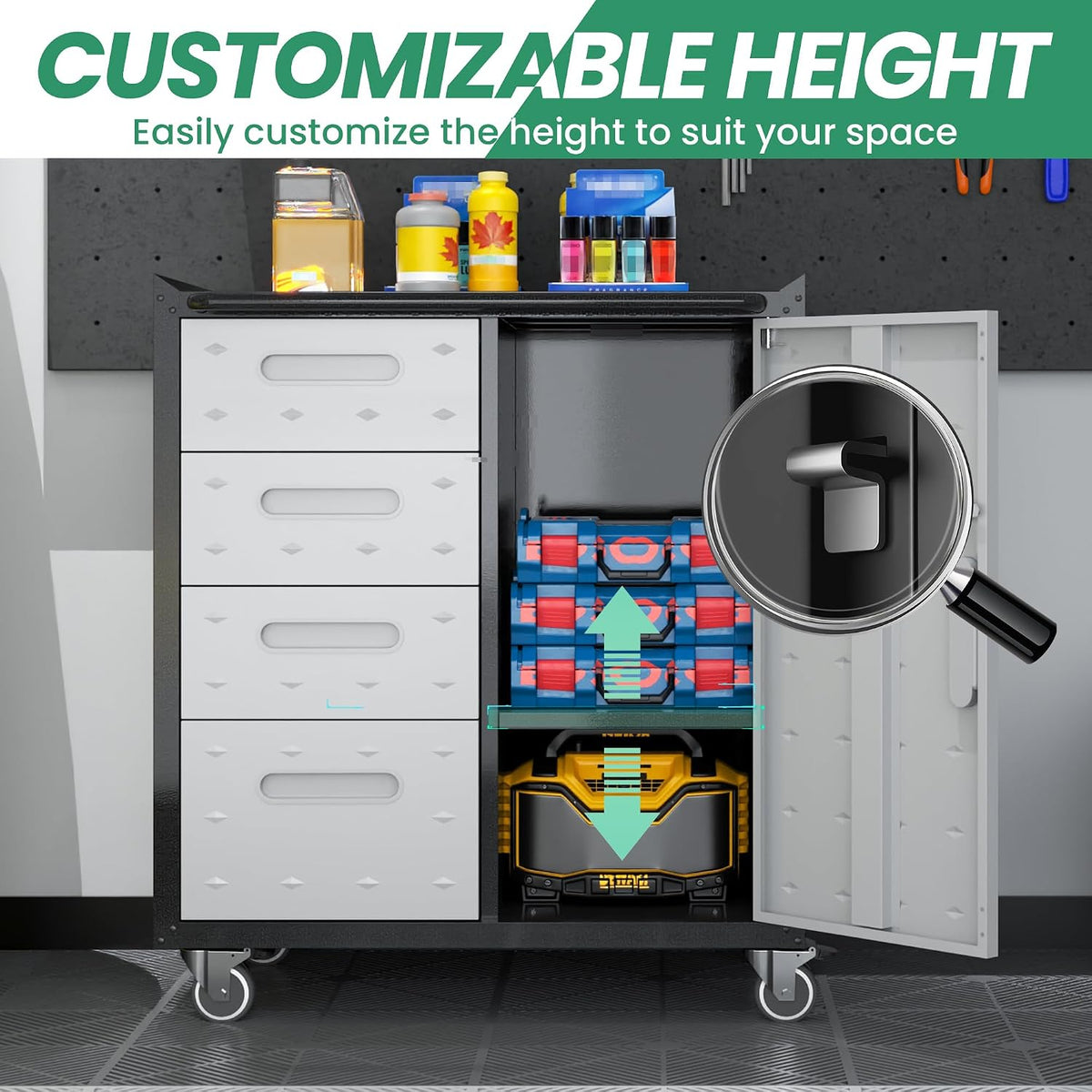 garage cabinets,metal garage storage cabinet with wheels,lockable rolling, side view