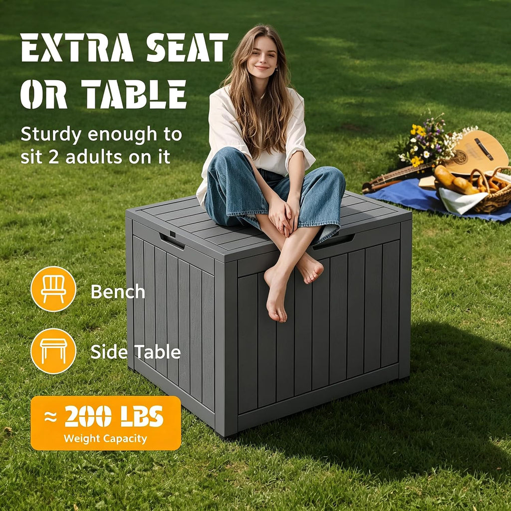 33 gal outdoor storage box waterproof lockable,deck box showing dimensions
