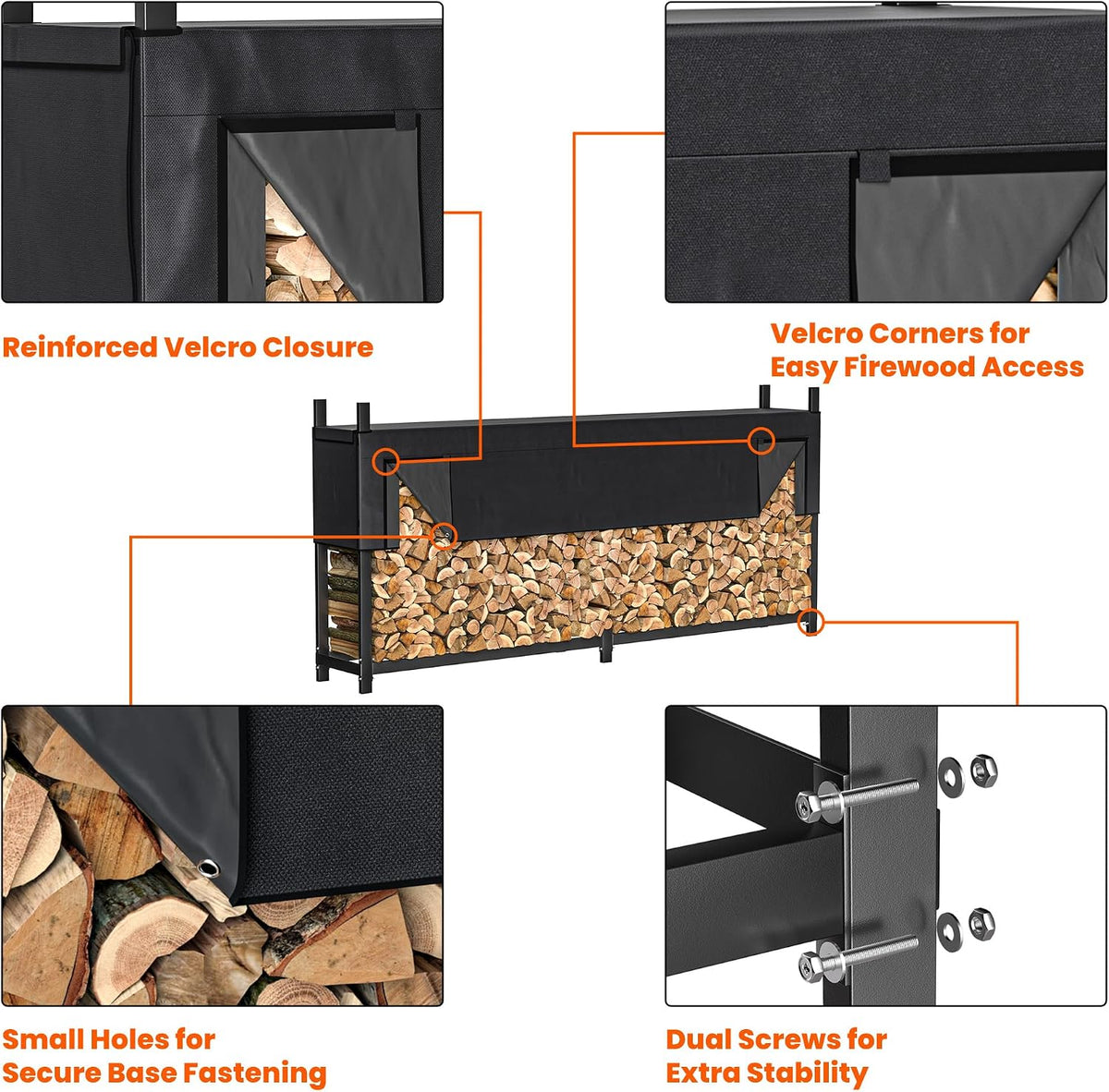 ultrawall 8ft heavy duty firewood rack with waterproof, side view