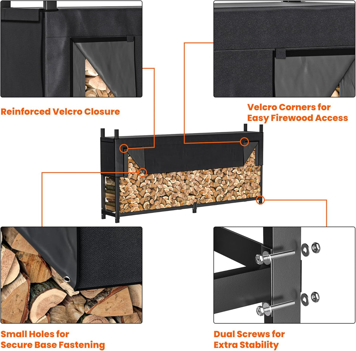 ultrawall firewood rack w/waterproof cover, freestanding wood log, side view
