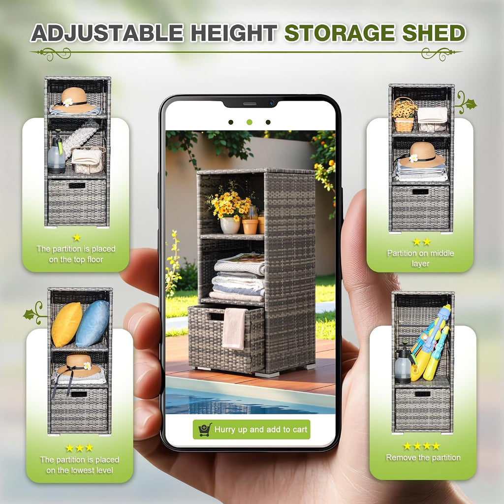 greesum rattan storage shed,outdoor towel rack,grey, front angle view