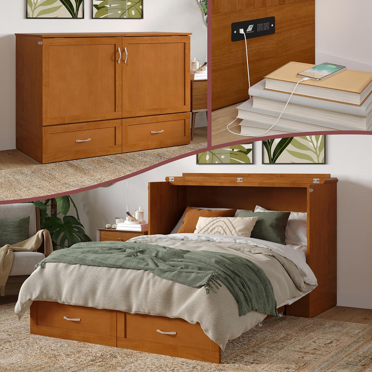 AFI, Hamilton Full Murphy Bed Chest with 6" Mattress & Drawer, Light Toffee