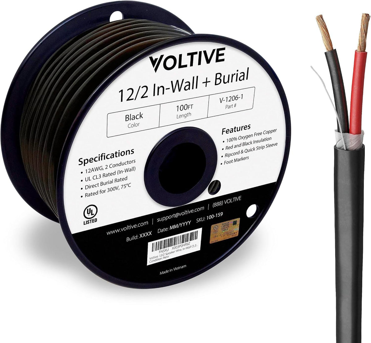 Voltive 12/2 Speaker Wire, in-Wall CL3 & Direct Burial, 100ft