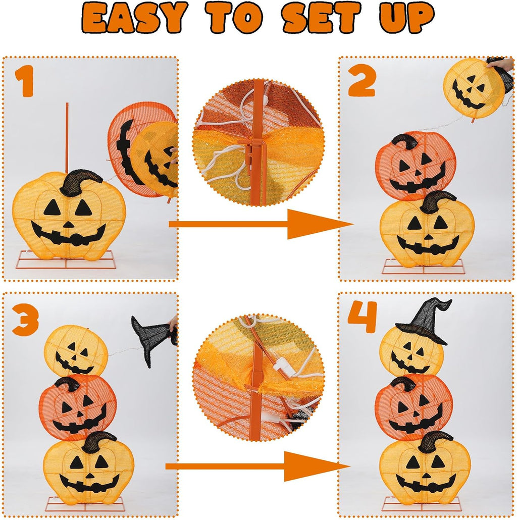 Halloween Lighted 3 Stacked Pumpkins, 39’’ H Pre-Lit Lighted Pumpkins with 50 Warm White Lights, Light Up Halloween Pumpkin Decoration for Indoor, Outdoor, Porch, Yard, Holiday Decor
