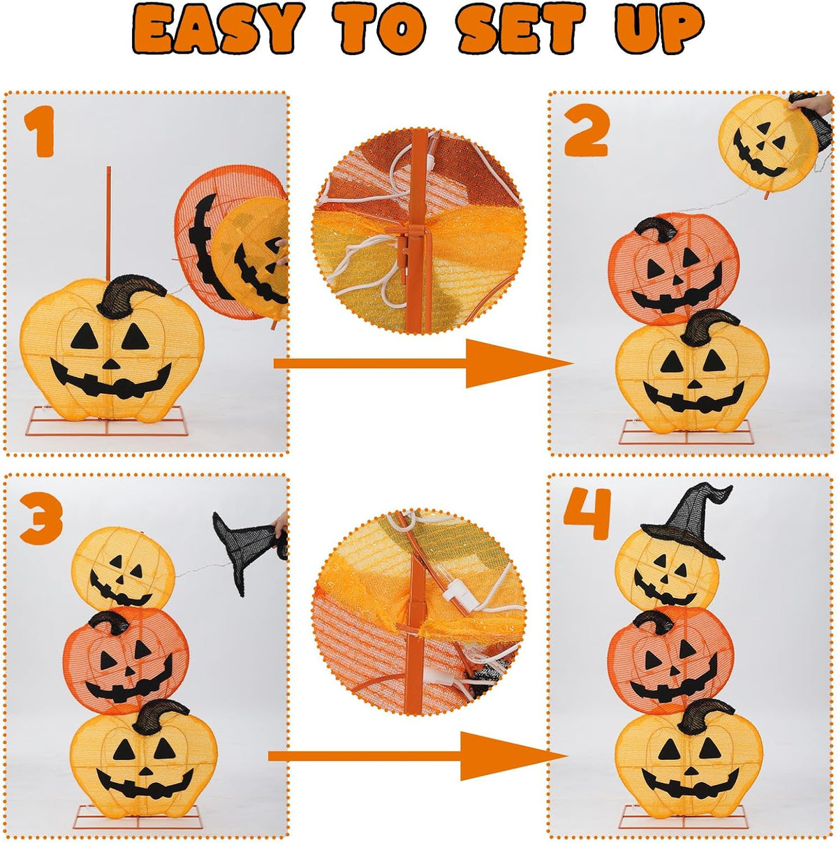 Halloween Lighted 3 Stacked Pumpkins, 39’’ H Pre-Lit Lighted Pumpkins with 50 Warm White Lights, Light Up Halloween Pumpkin Decoration for Indoor, Outdoor, Porch, Yard, Holiday Decor