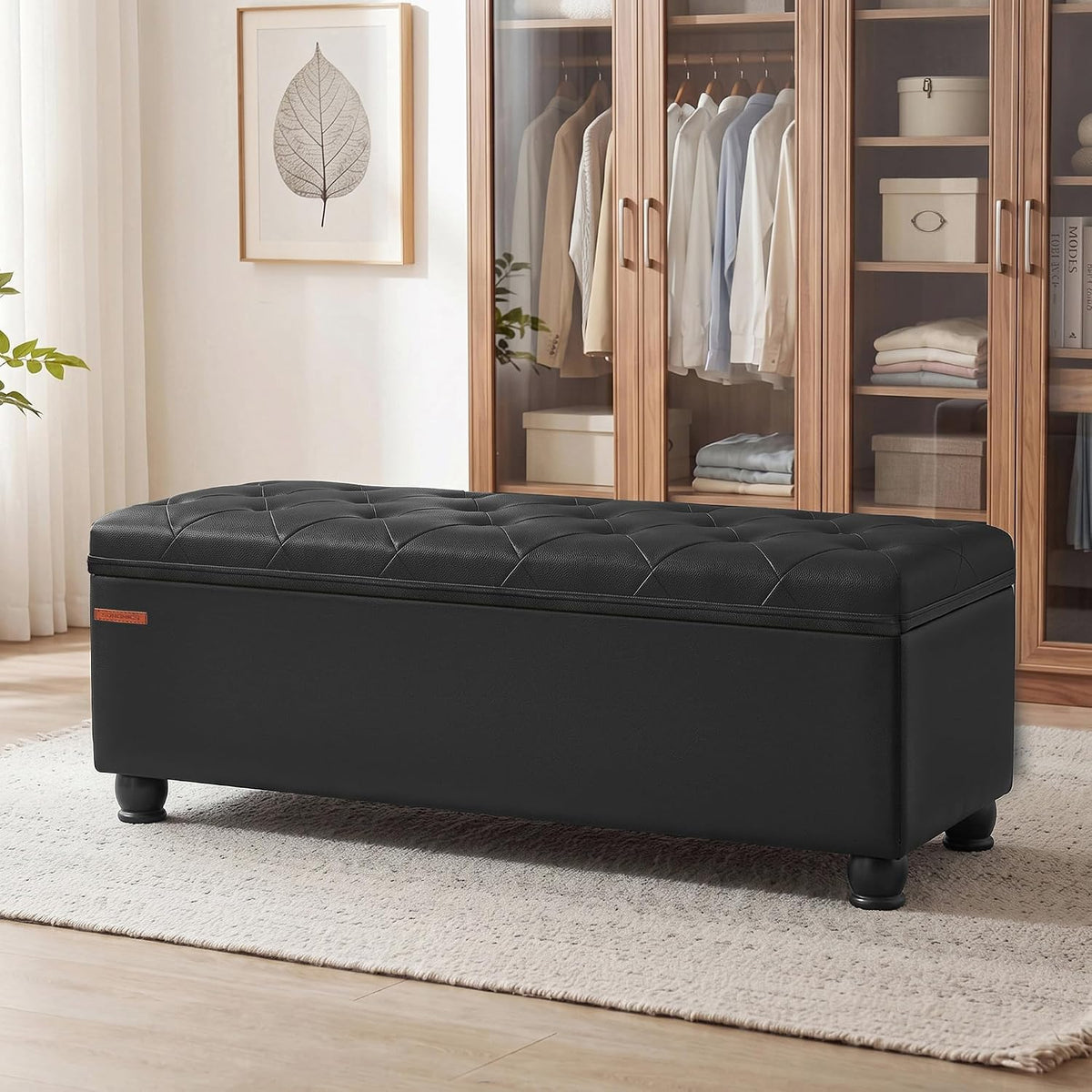 SONGMICS Storage Ottoman, 46.5 Inches Long Bed End Stool, Solid Wood Legs