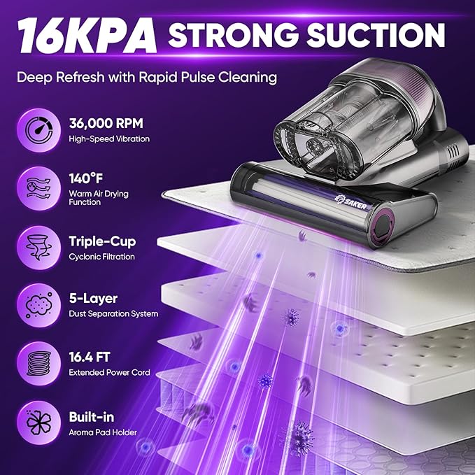 Saker Mattress Vacuum Cleaner, Handheld Bed Vacuum