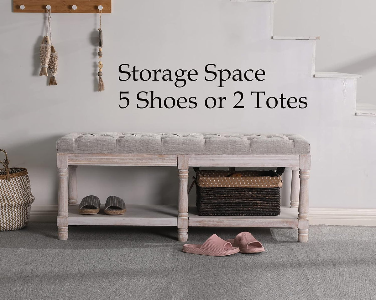 farmhouse storage bench wooden entryway upholstered tufted ottoman, close-up detail