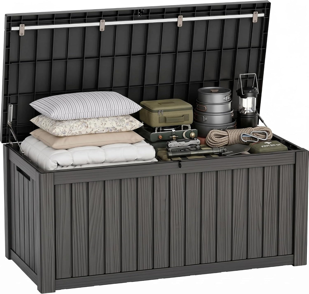 ROJIK 170 Gallon Waterproof Outdoor Deck Storage Box, UV Resistant， Lockable Resin Patio Storage Bin with Lid for Garden Tools, Patio Cushions & Outdoor Accessories(Black)