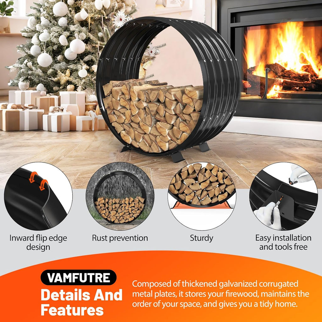 32" Round Metal Firewood Rack Circle with 4X Metal Support Outdoor / Indoor