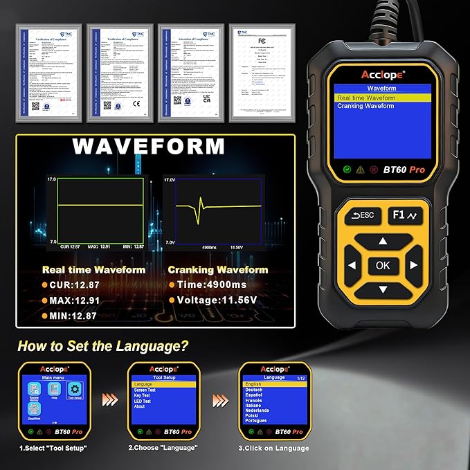 Acclope BT60 Pro Car Battery Tester, Digital Analyzer