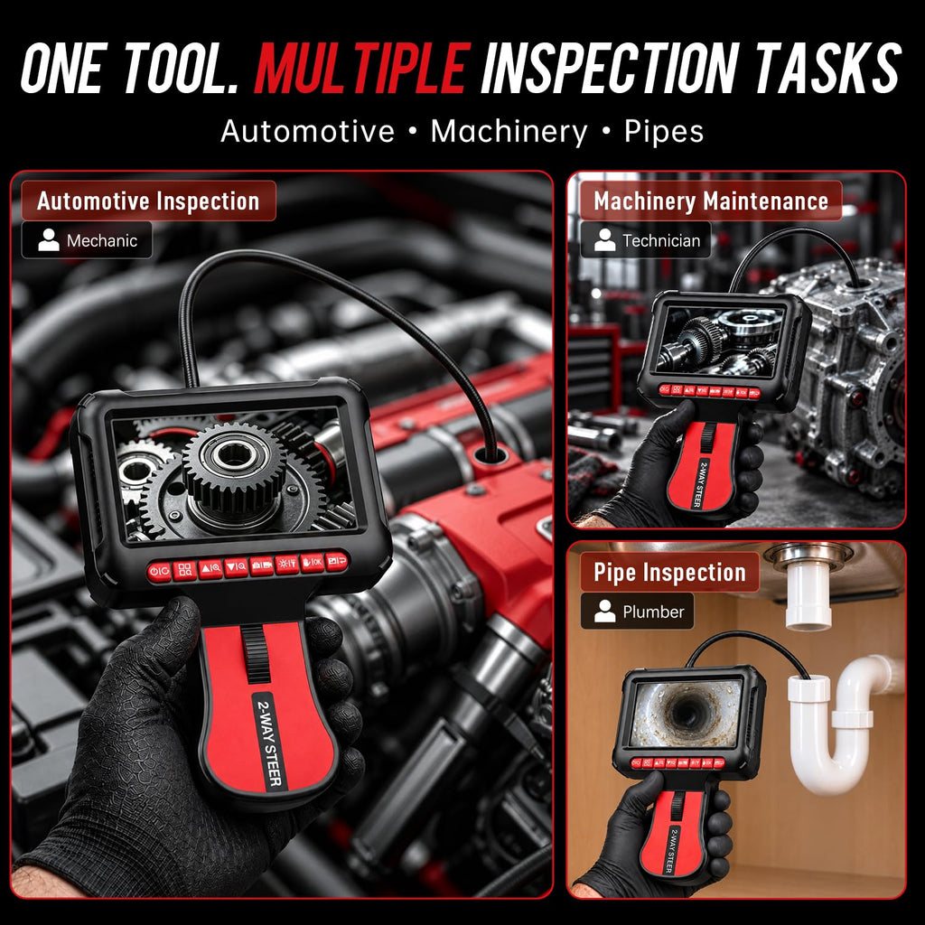 Articulating Borescope Inspection Camera with Light: 1080P HD Industrial Endoscope Camera with 5" IPS Screen - 0.24in Slim IP67 Waterproof Lens - 210° Flexible Probe Two-Way Articulating Borescope